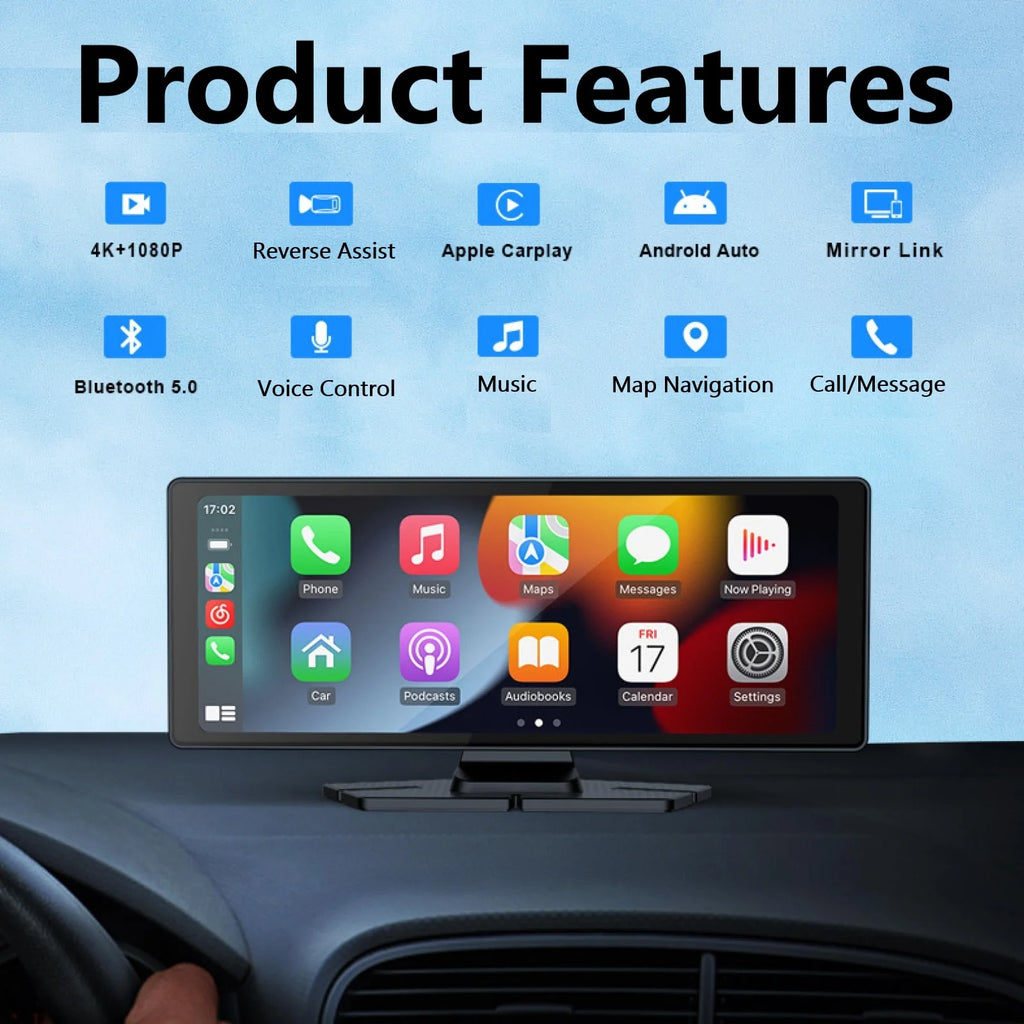 Pecham 10.26" Wireless Apple Carplay with Bluetooth, 4K 1080P Dual Dash Camera Front and Rear, Portable Car Stereo GPS Navigation with Car Audio, Airplay, Mirror Link, 64GB TF Card
