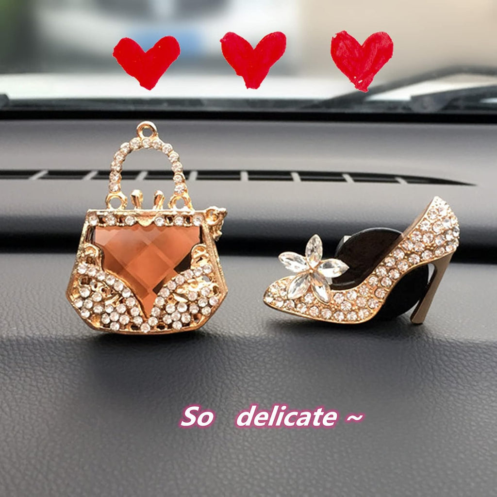 Ouyi Gold Car Air Freshener - Diamond Purse High Heels Scent Diffuser Clip - Crystal Car Accessories for Women