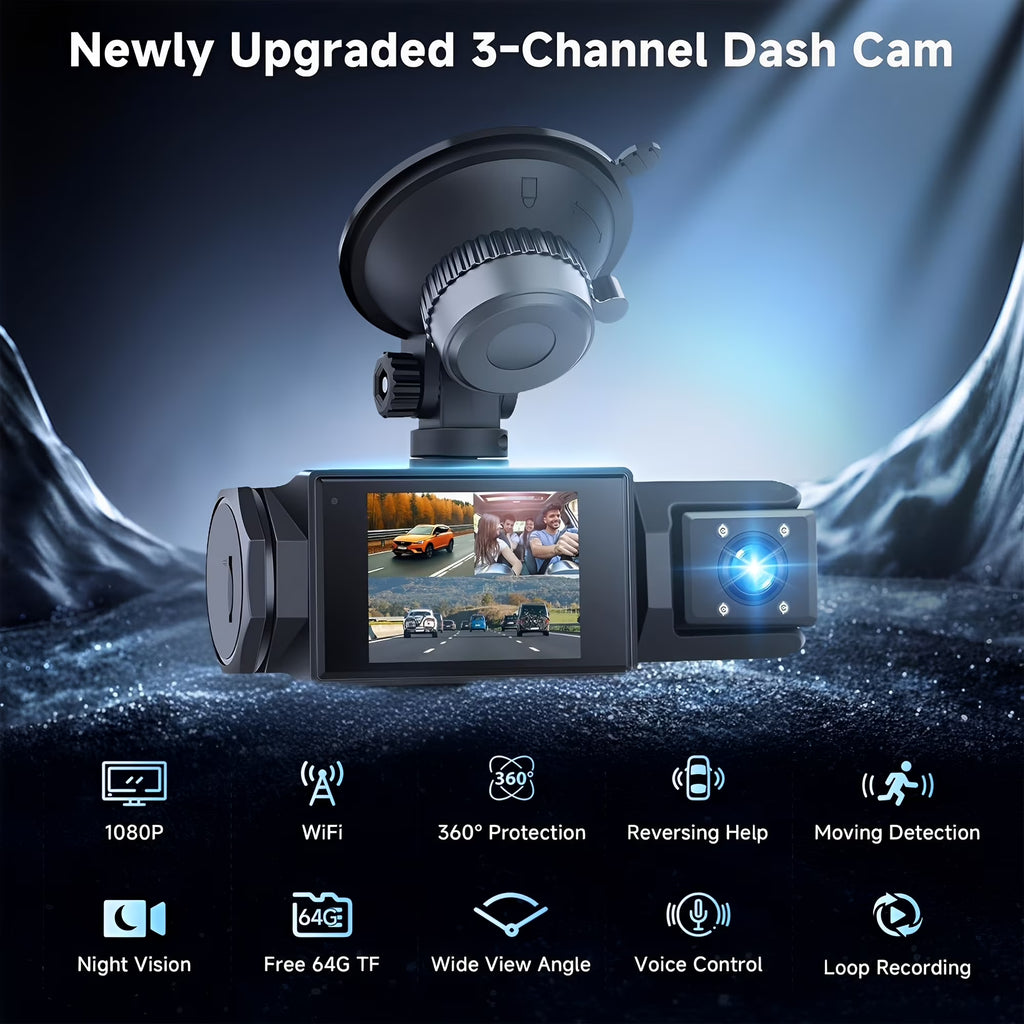 TIKBBRMG Dash Cam Front and Rear,Triple Camera,1080P Full HD Dashcam for Cars Backup Camera,Included 64GB Card,Built-In Wi-Fi GPS,2” IPS Screen, Night Vision, 140°Wide Angle,Wdr, 24H Parking Mode