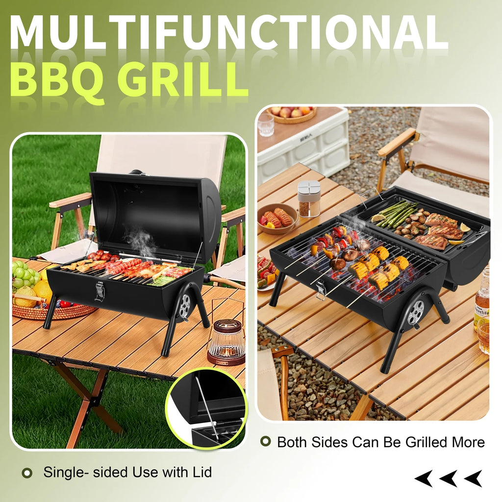 Portable Charcoal Grill, Small Tabletop Barbecue Grill with Tray, Grilling Rack, and Charcoal Rack, Suitable for Outdoor Camping Picnic Backyard Beach - Black