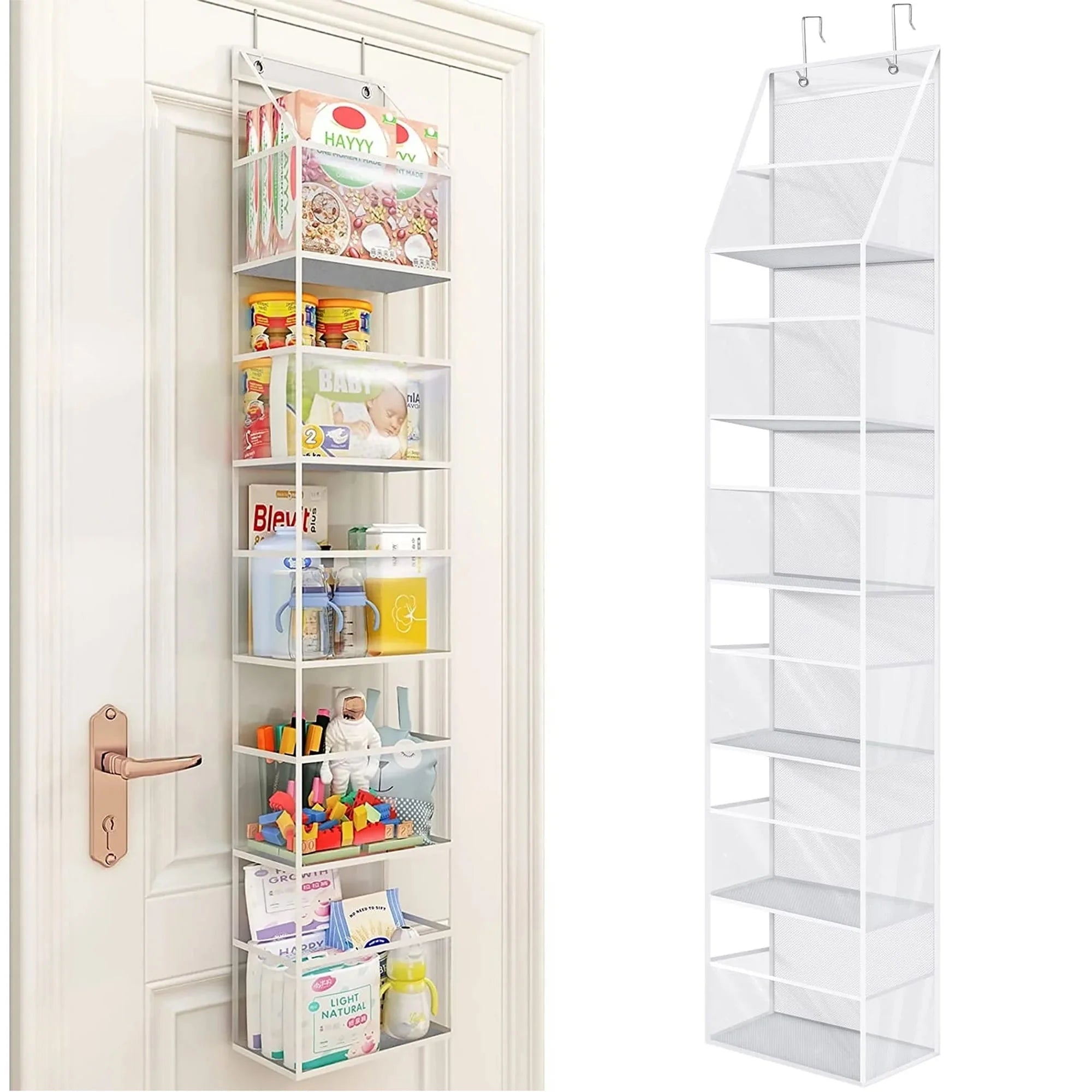 Ohhgo over the Door Hanging Pantry Organizer 6-Shelf behind the Door Storage Organizer with Clear Plastic Pockets Large Capacity for Closet Bedroom Bathroom (White)
