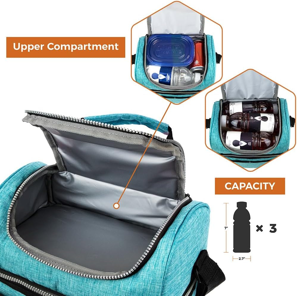 OPUX Insulated Double Decker Lunch Box - Large 12L Leakproof Cooler for Adults & Kids - Aqua Turquoise Soft Tote for Work & School Meal Prep