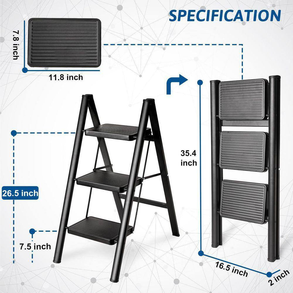 Double Elite Reach 35 In. H 3 Ft. Step Folding Laddersturdy 330 Lbs. Capacity Full Steel Anti-Slip Pedals Compact Design