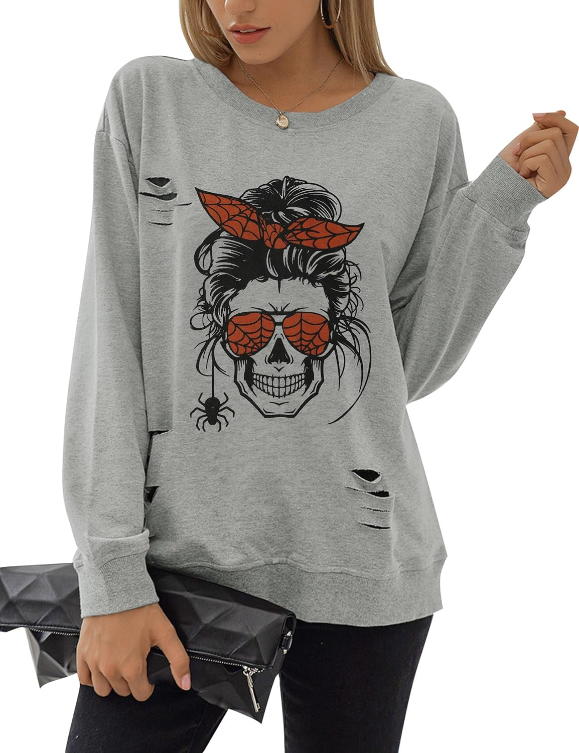 Blooming Jelly Women'S Halloween Sweatshirts Skull Graphic T Shirts Long Sleeve Pullover Tops Gothic Fall Clothes 2025