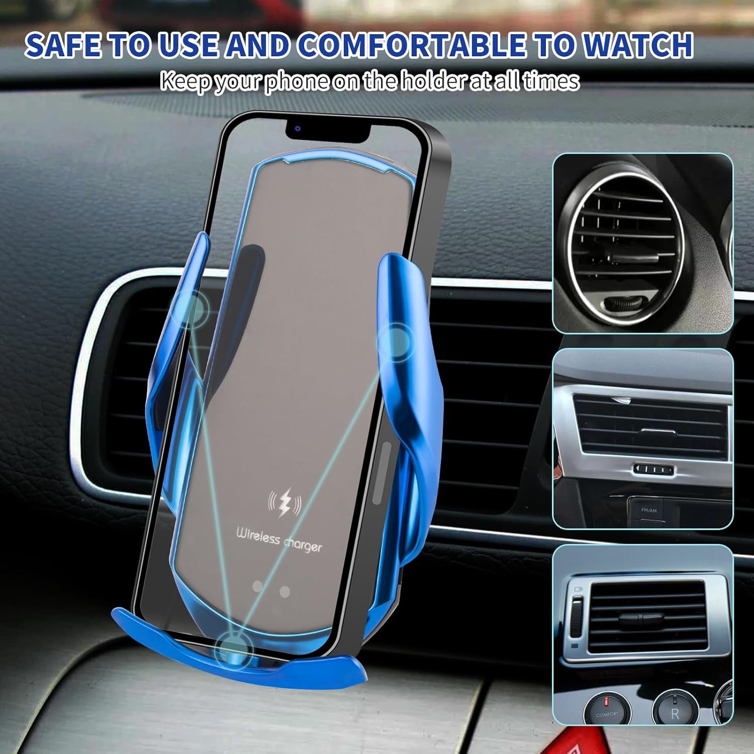 Wireless Car Charger Car Phone Holder Mount Wireless Charging 15W Fast Charging Auto Clamping Car Charger Phone Mount Holder Fit for All Android Smartphone(Silver)