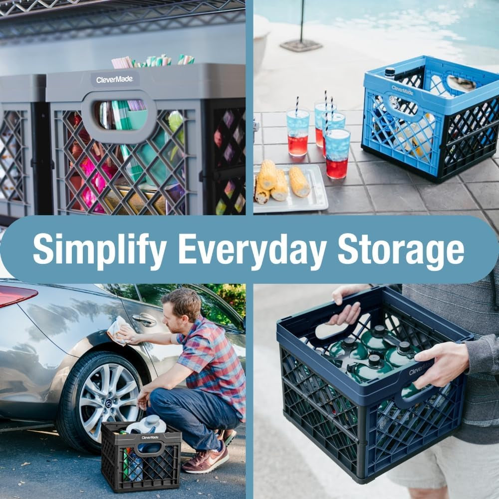 Clevermade Heavy Duty Collapsible Milk Crate - 25L (6.6 Gal) Stackable Storage Solution with File Rails - Obsidian Color