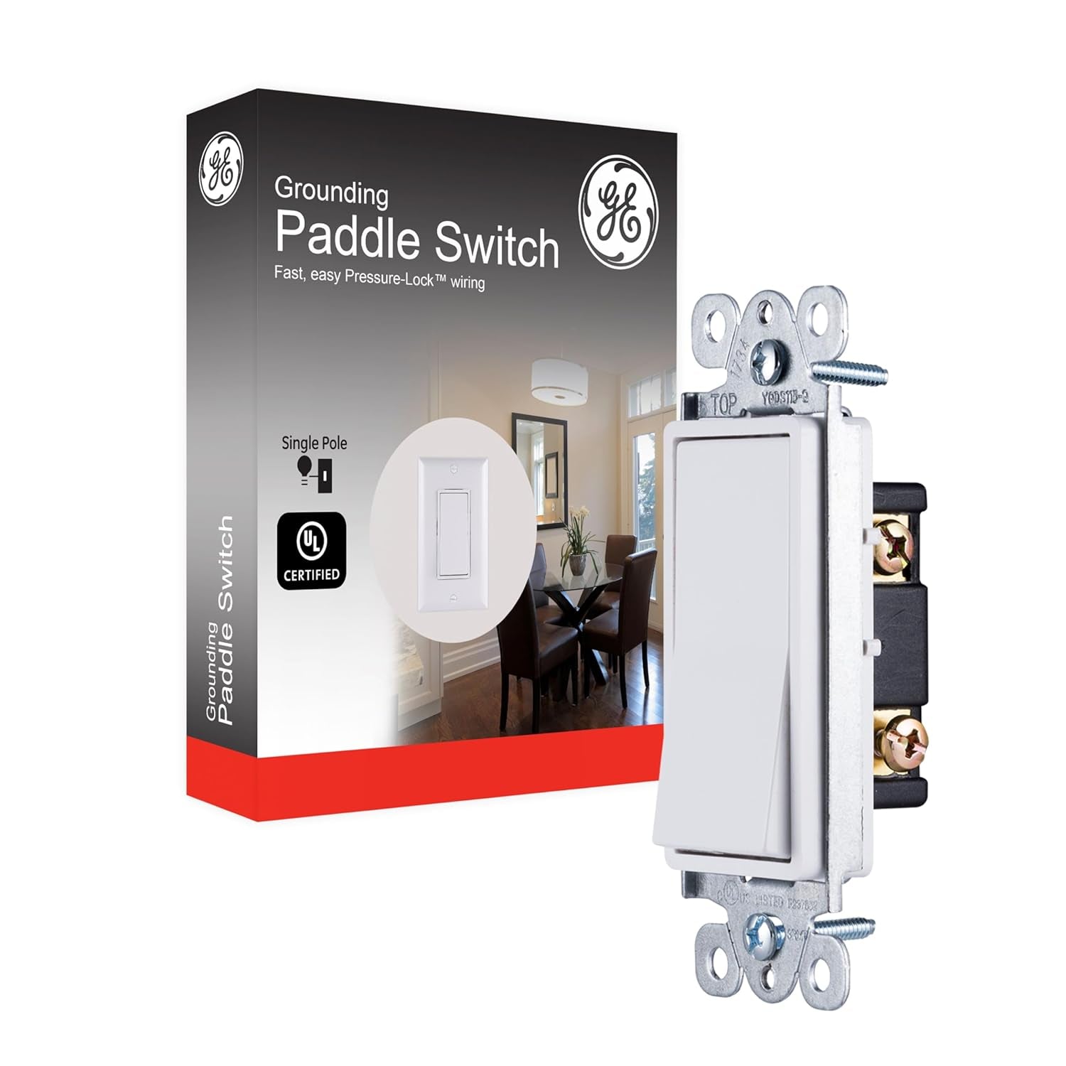 GE Paddle Rocker Switch - Single Pole On/Off Light & Ceiling Fan Replacement, UL Listed, Grounding, White - Model 50726