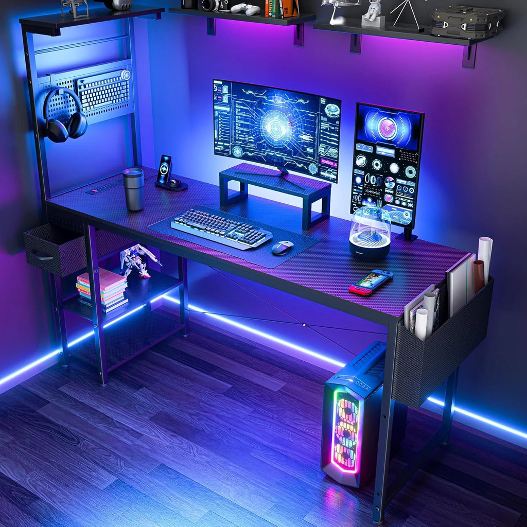 55" Gaming Desk with Adjustable Storage Rack & LED Lights, Power Outlets for Adult and Teen