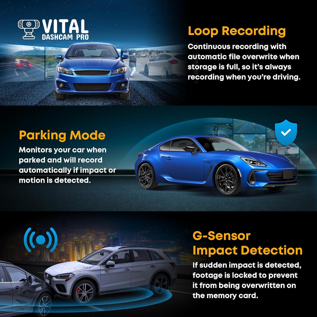 Vital Dash Camera Pro 2026 Dashcam Front and Rear Camera for Cars Dual Car Camera with Night Vision, G-Sensor 24/7 Parking Surveillance, Loop Recording, Wide Angle Easy Setup Vital Dash Cam Pro FHD