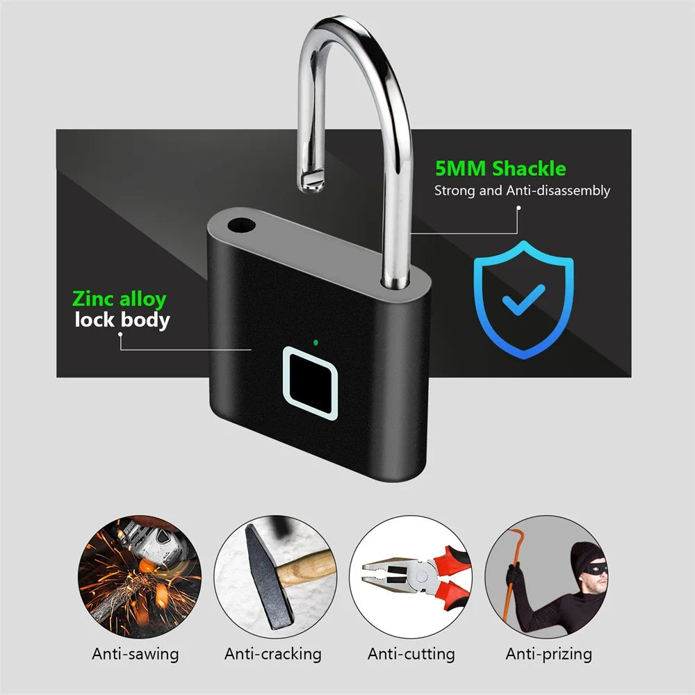 KERUI Keyless USB Rechargeable Fingerprint Smart Padlock - Waterproof, Quick Unlocking, Portable Anti-Theft Zinc Lock