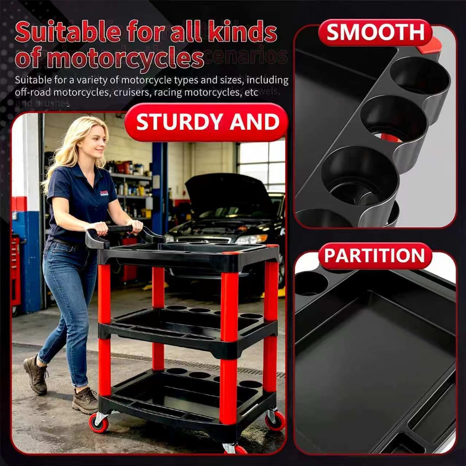Auto Detailing Cart with Wheels, 3 Tier Rolling Detail Cart, Car Wash Organizer for Detailers Garage, Workshop, Repair Shop, Storage Tool