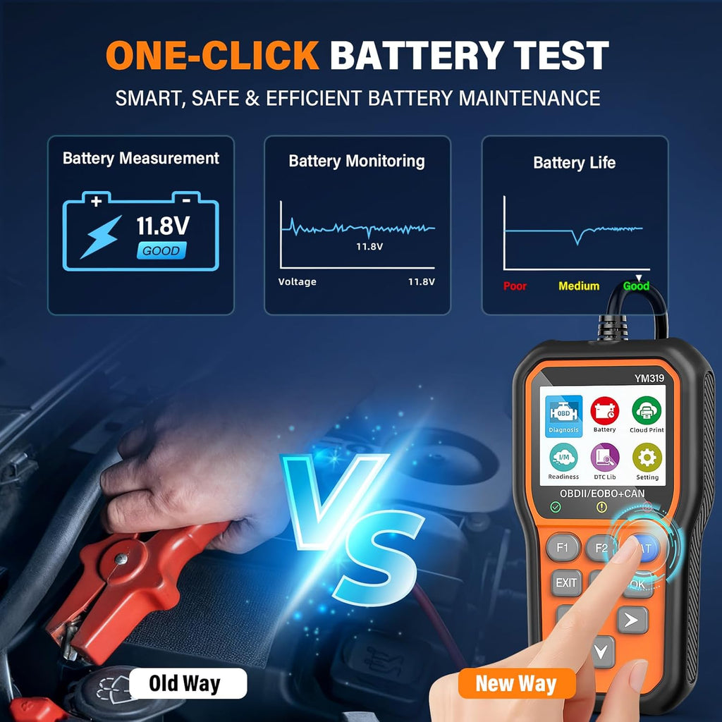 Bluson YM319 OBD2 Scanner Diagnostic Tool with Battery Tester, Check Engine Fault Code Reader with Live Data, Cloud Printing, DTC Lookup, Freeze Frame, Scan Tool for All OBDII Protocol Cars since 1996