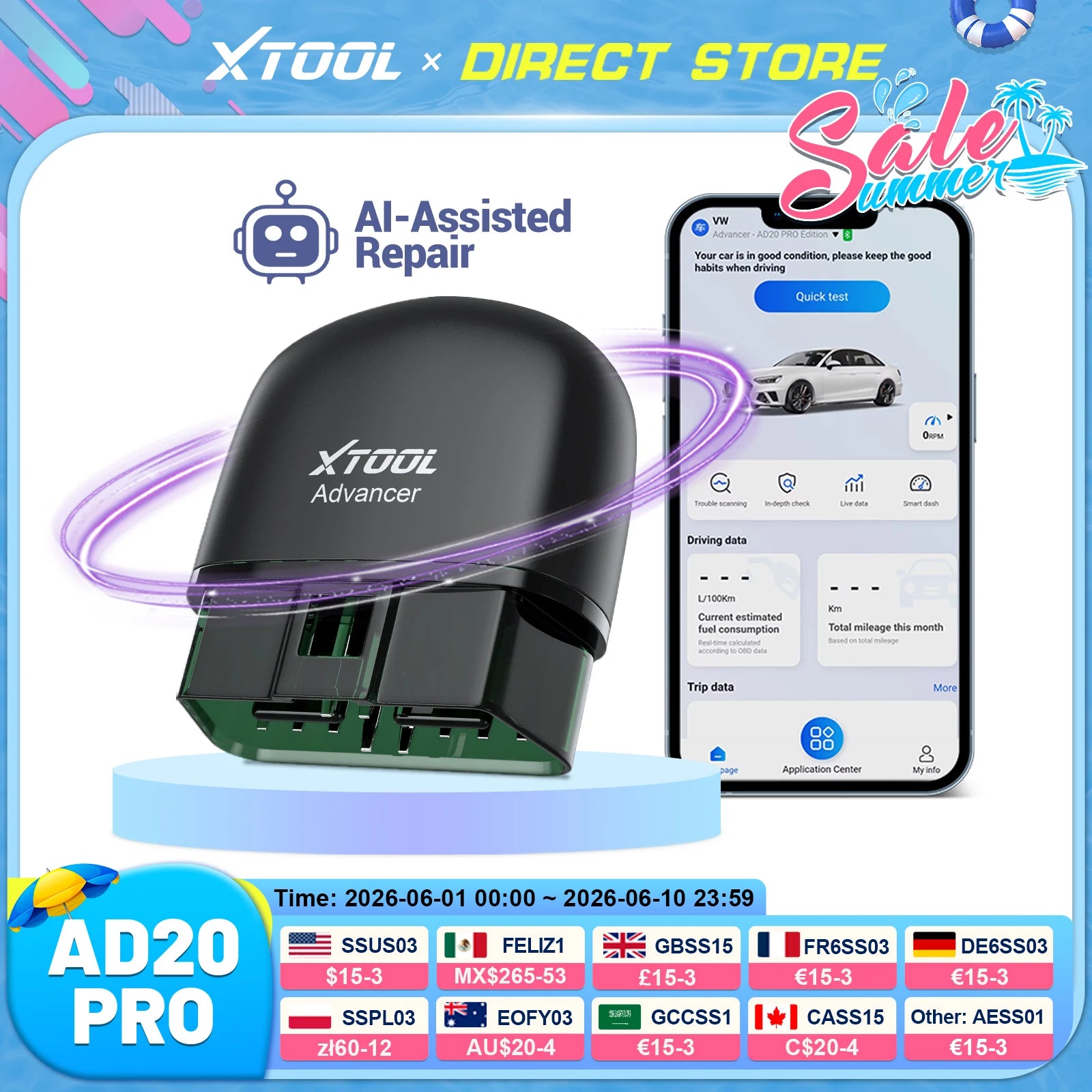 XTOOL Advancer Ad20Pro Bluetooth OBD2 Scanner Auto 2026 Ai-Assistant Full System Diagnostic Tools Oil Reset Free Update Free APP