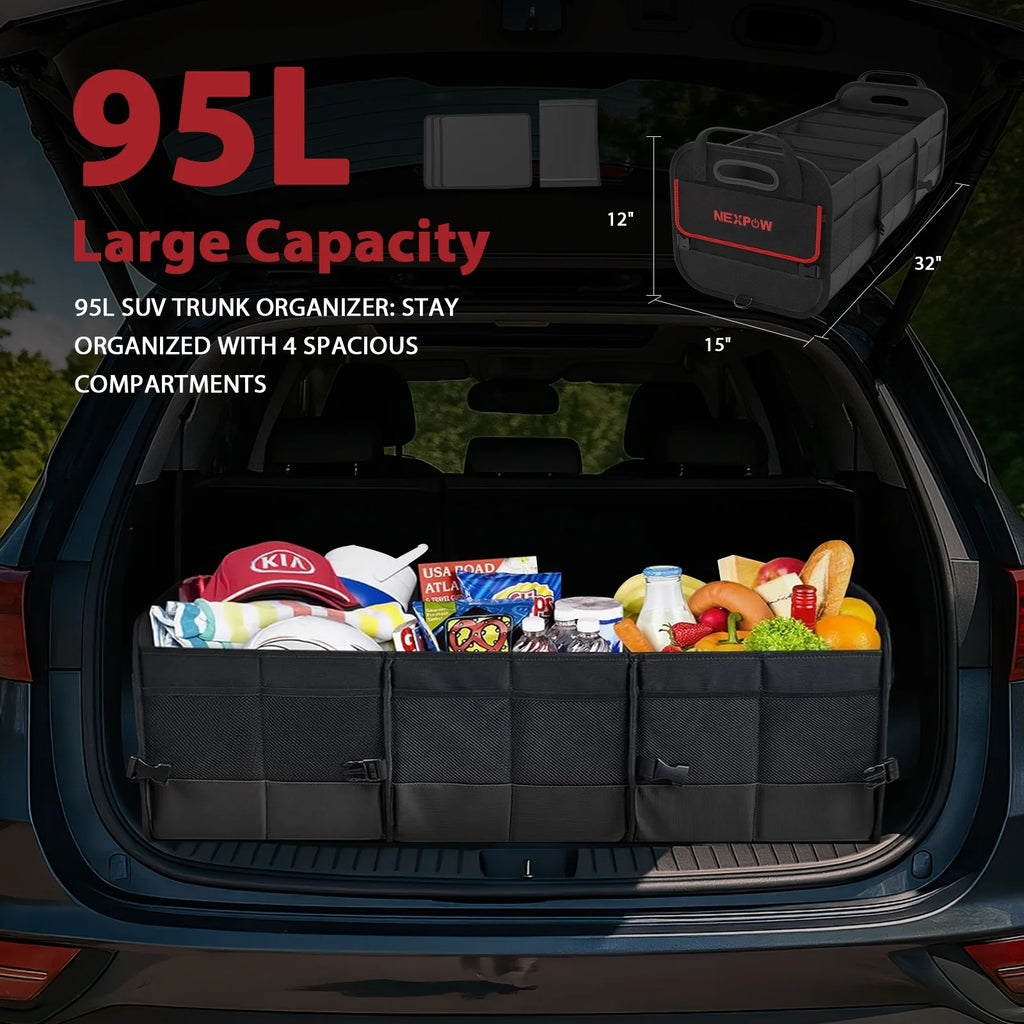 Car Trunk Organizer, 95L Collapsible SUV Organizer, Multi-Compartment, Car Storage Box with 2 Adjustable Straps for Women Men