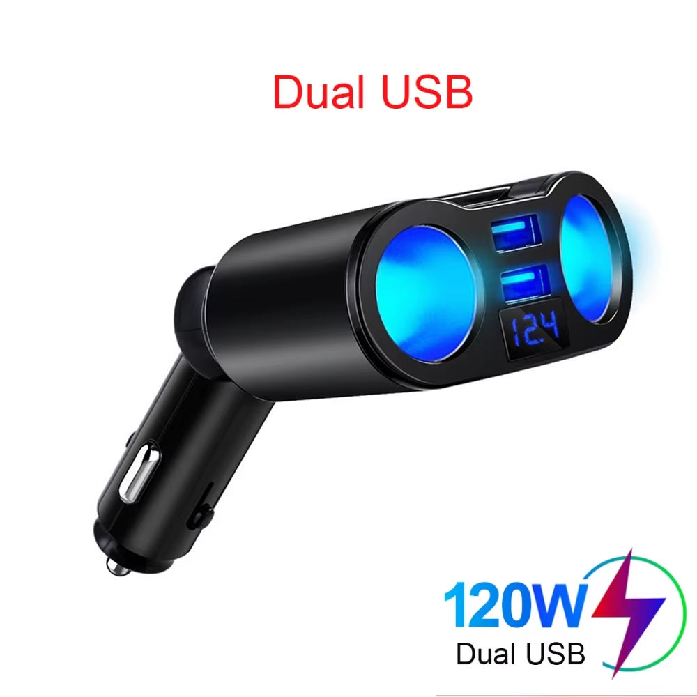 12V-24V Car Cigarette Lighter Socket Splitter Charger with PD QC3.0 Fast Charging, Dual USB Ports, 4.8A Output, and Digital Display Power Adapter