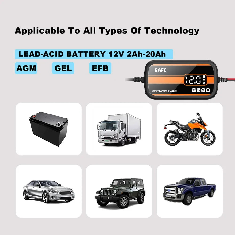 Newest 12V Car Battery Charger 2Ah-20Ah Intelligent Digital Display Lead Acid Battery Repair Charger for Car SUV Motorcycle
