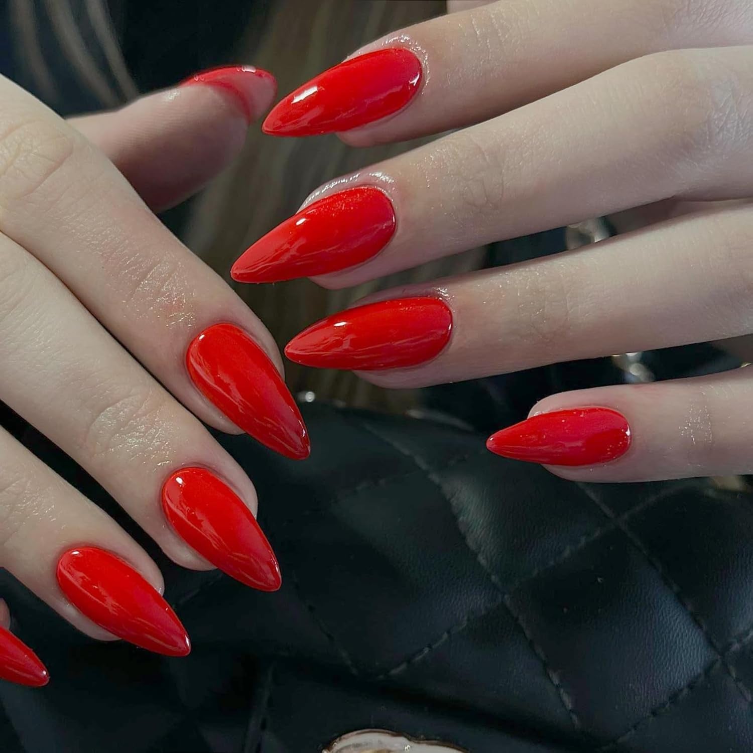 Vibrant Orange Red Almond Press-On Nails - Reusable Medium Length Acrylic Stiletto Nails for Women & Girls