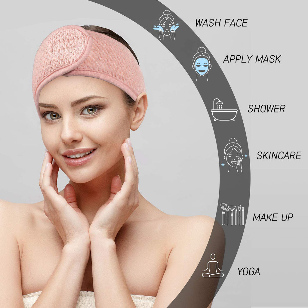 Whaline 4 Pack Adjustable Spa Facial Headbands - Soft Towel Hair Wraps for Makeup, Face Washing, Shower & Yoga (Pea Green, Pink, Beige, Light Gray)