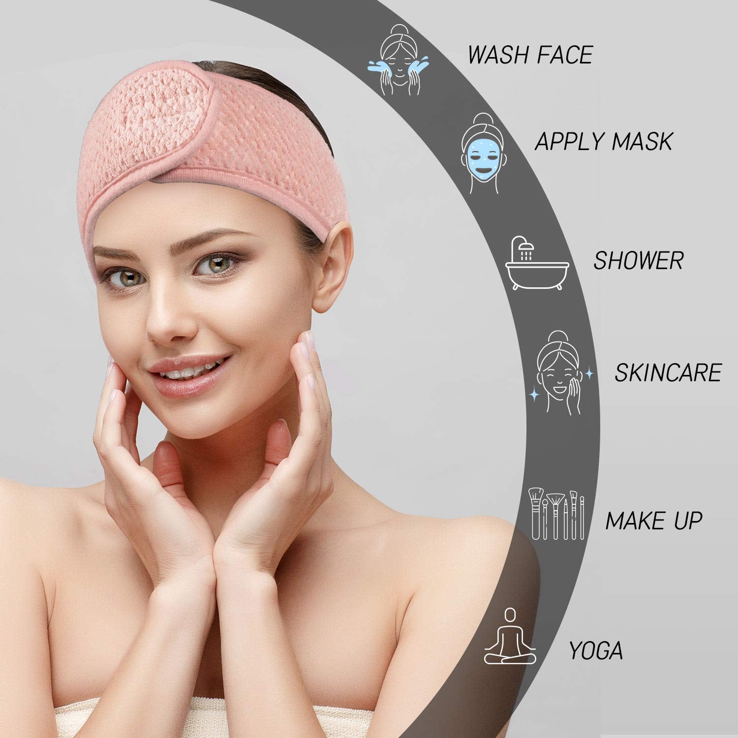 Whaline 4 Pack Adjustable Spa Facial Headbands - Soft Towel Hair Wraps for Makeup, Face Washing, Shower & Yoga (Pea Green, Pink, Beige, Light Gray)