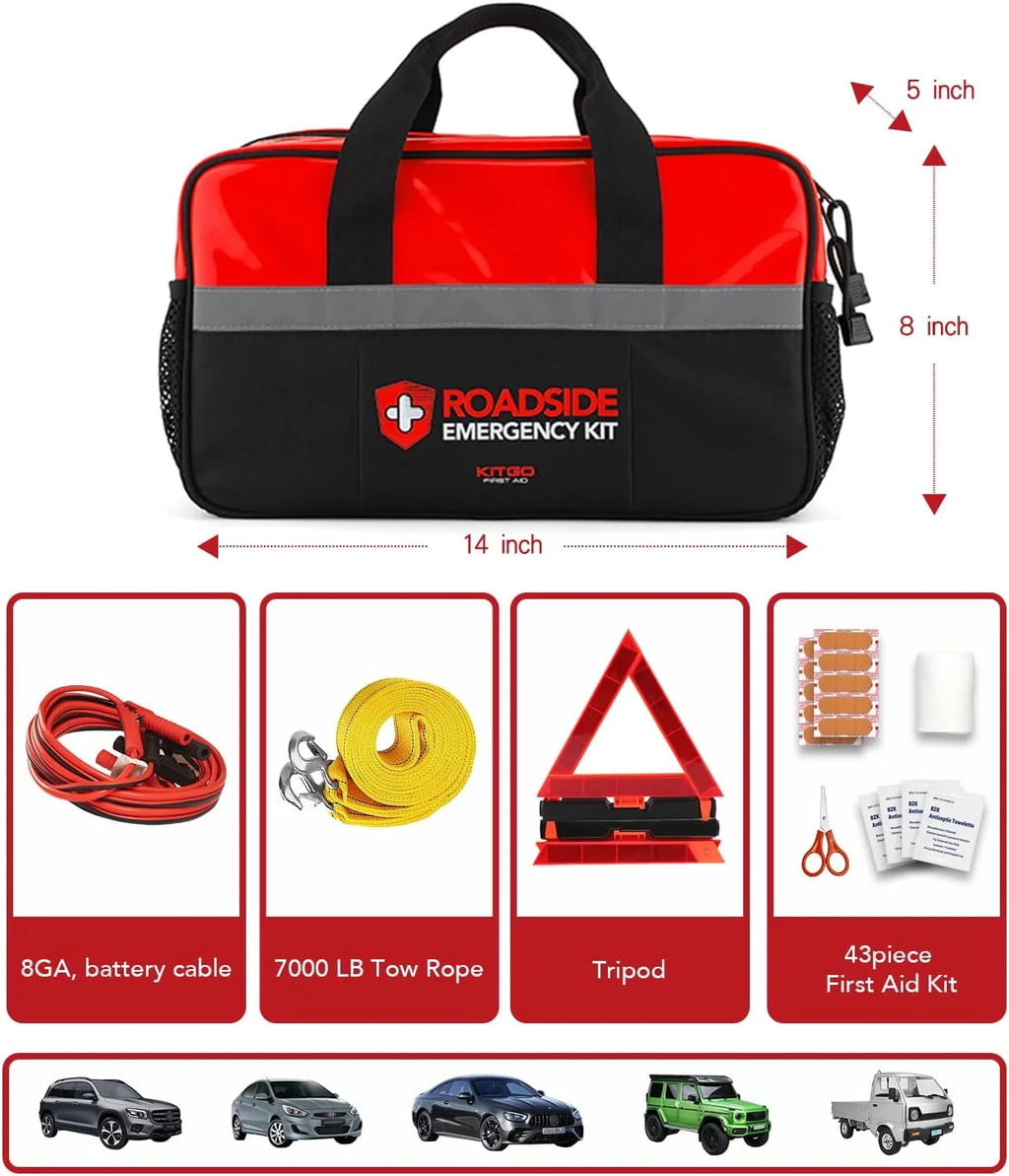 Car Emergency Kit, Premium Roadside Rescue Essentials, Ideal Car Road Safety Kit for Trucks, Rvs, Etc. (Red)