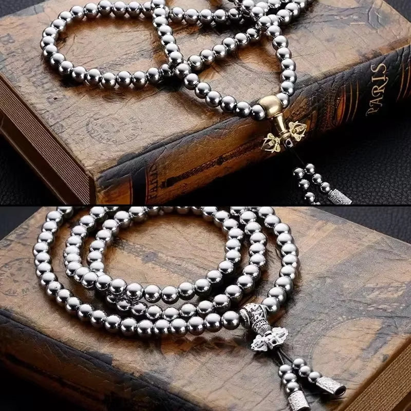 Tactical 8MM Steel Chain Buddha Beads Bracelet & Necklace - Self Defense EDC Survival Tool for Outdoor Adventures