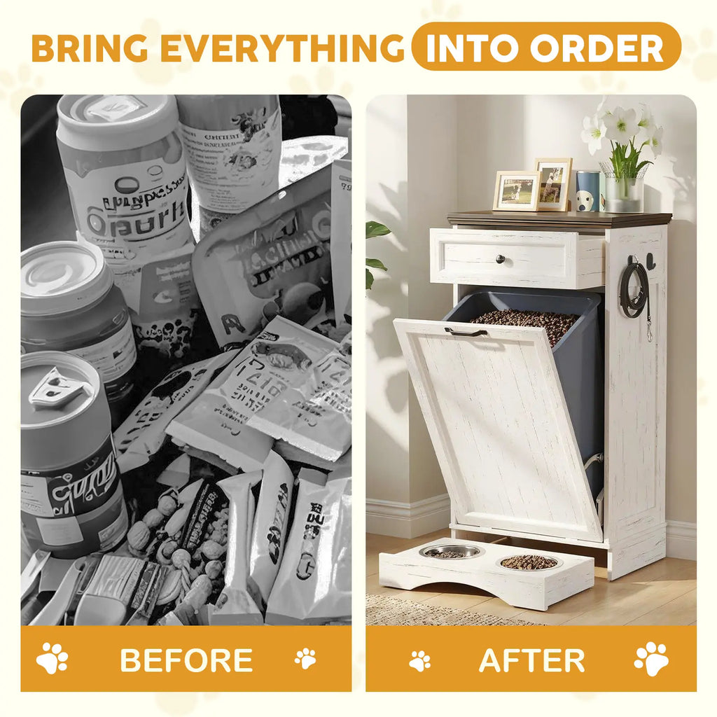 Elevated Dog Feeding Station with Tilt-Out Food Cabinet and Drawer for Pet Feeding and Kitchen Storage