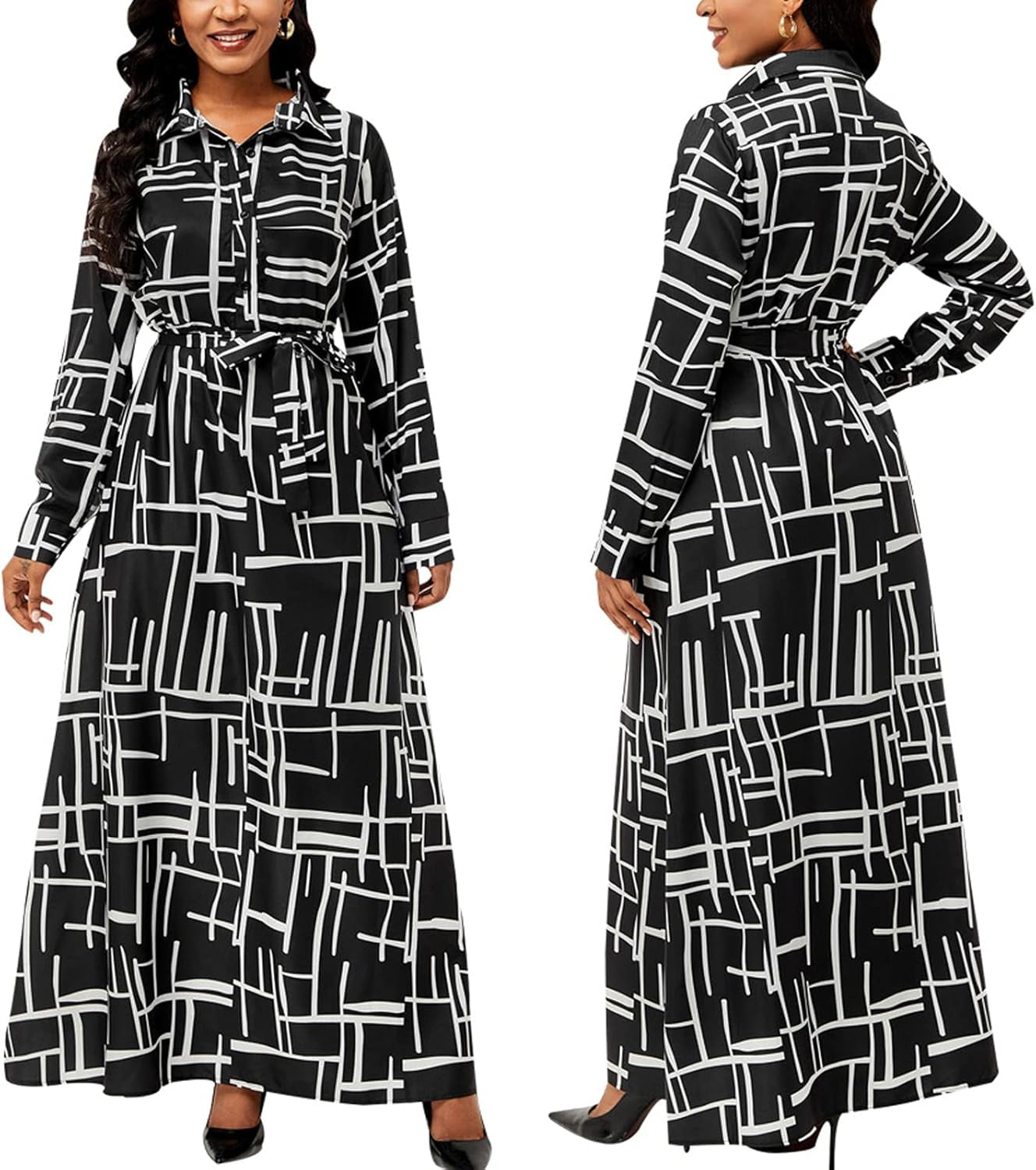 Zonjie Sexy Maxi Dresses for Women Casual plus Size Long Sleeve Button down Loose Party Prom Dress Ladies Outfits with Belt