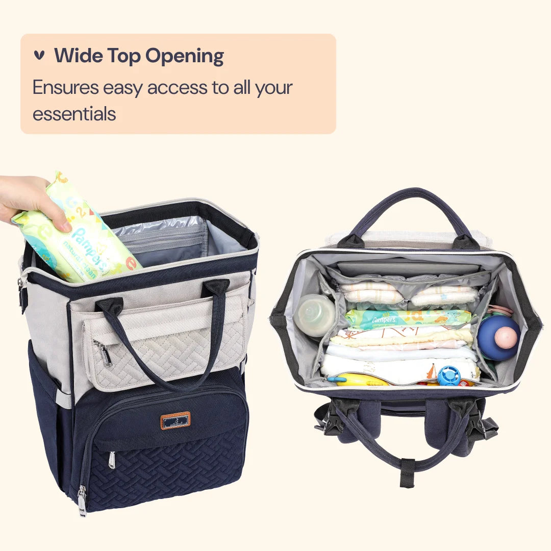 Babbleroo Wide Top Diaper Bag Backpack- Stone Gray & Blue