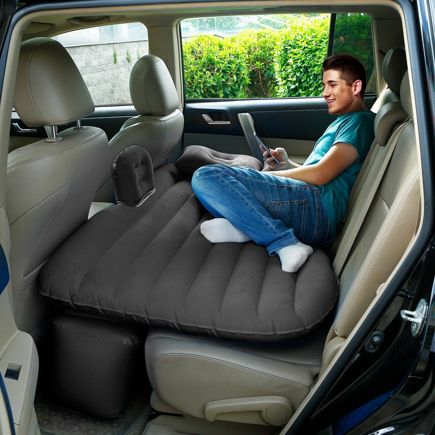 Inflatable Travel Car Mattress with Air Bed for Back Seat Comfort, Includes Two Pillows and Pump