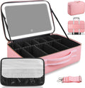 Large Capacity Makeup Bag with LED Mirror - Adjustable Brightness, Travel Organizer with Detachable Dividers & Shoulder Strap