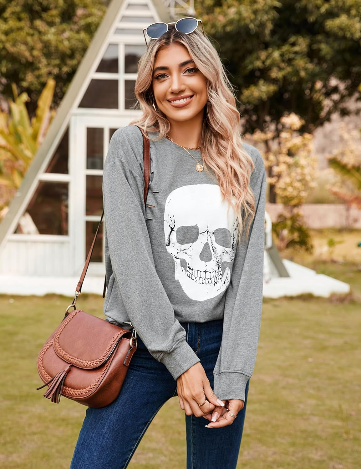 Blooming Jelly Women'S Halloween Sweatshirts Skull Graphic T Shirts Long Sleeve Pullover Tops Gothic Fall Clothes 2025