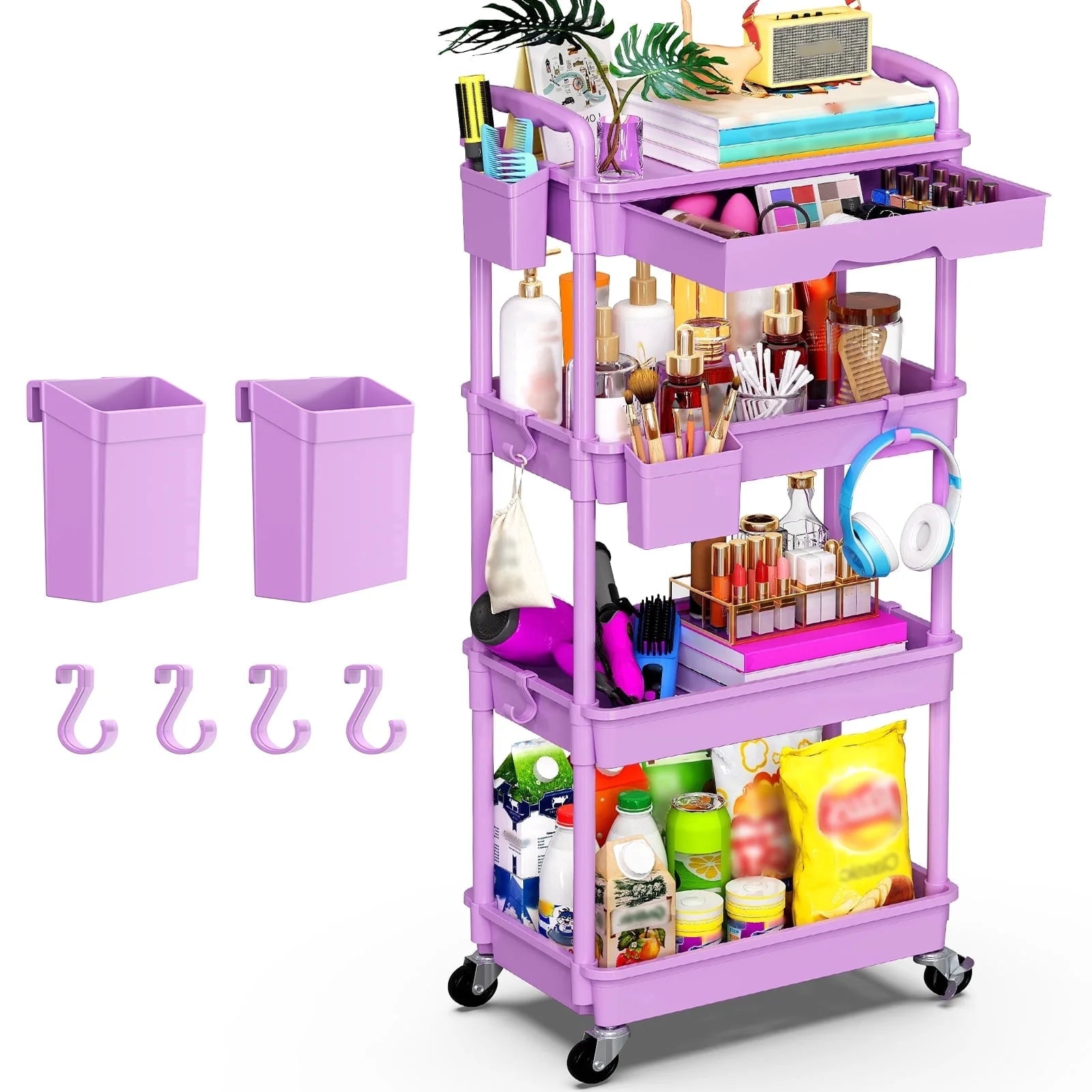 Yeabett 4 Tier Rolling Utility Cart Organizer with Removable Drawer, Mobile Storage Carts with 2 Lockable Wheels for Bathroom, Kitchen, Snack, Craft, Makeup, Baby Essentials，Purple