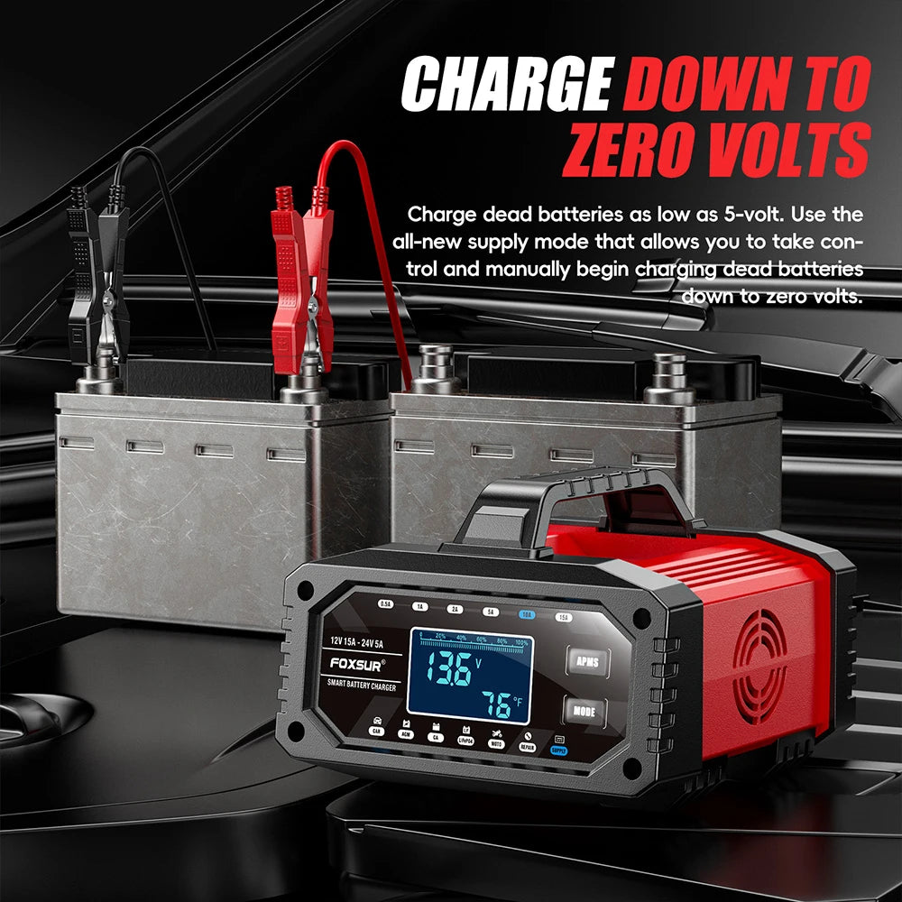 300W Car Battery Charger Full Automatic Protect Quick Charger 12V/24V Multiple Protections LCD Display