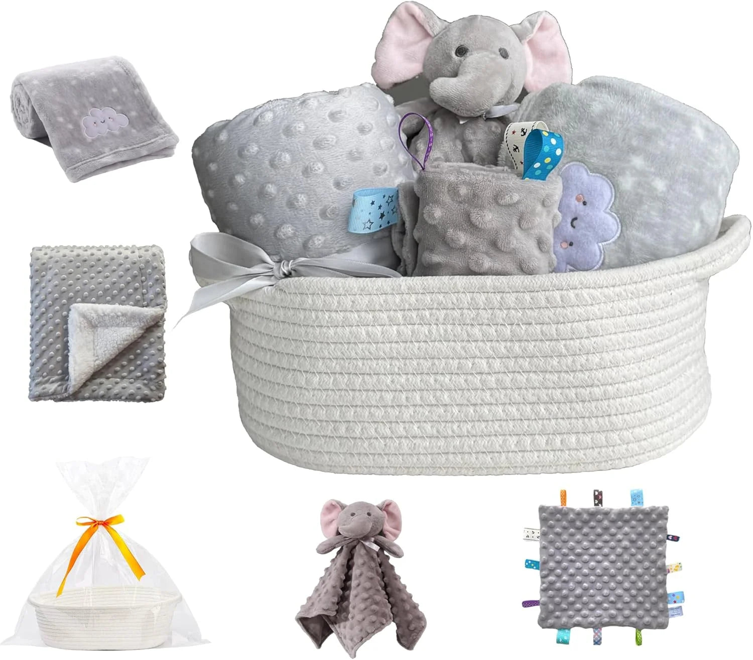 CREVENT Set for Girls -Diaper Caddy Organizer Basket with 2 Blankets, 1 Taggie, 1 Lovey, 3 Socks，1 Headband，1 Gift Bag with Ribbon - Newborn Essential Gift Set (Pink)