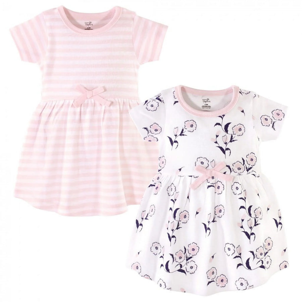 Touched by Nature Baby and Toddler Girl Organic Cotton Short-Sleeve Dresses 2Pk, Wild Flowers, 3 Toddler