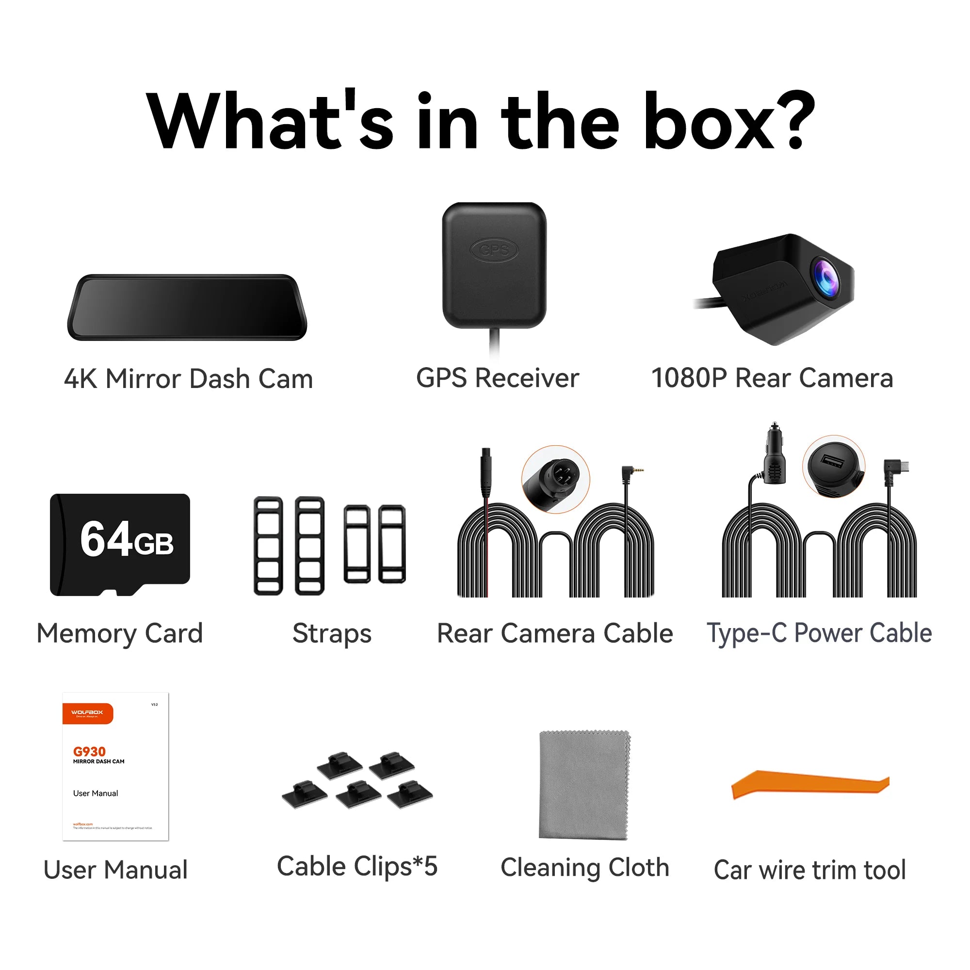 Wolfbox 4K Dual Dashcam with 10" Touch Screen, Front and Rear Recording, Night Vision, GPS, Free 64GB Card