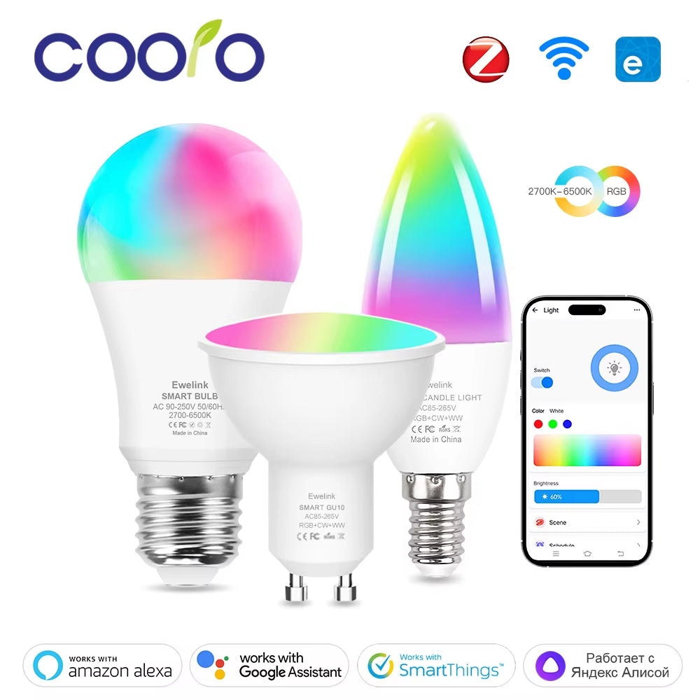Smart WiFi Zigbee Dimmable LED Light Bulb E27 E14 GU10 RGBCW 2700-6500K Compatible with Ewelink APP, Alexa, Google Home, and Yandex