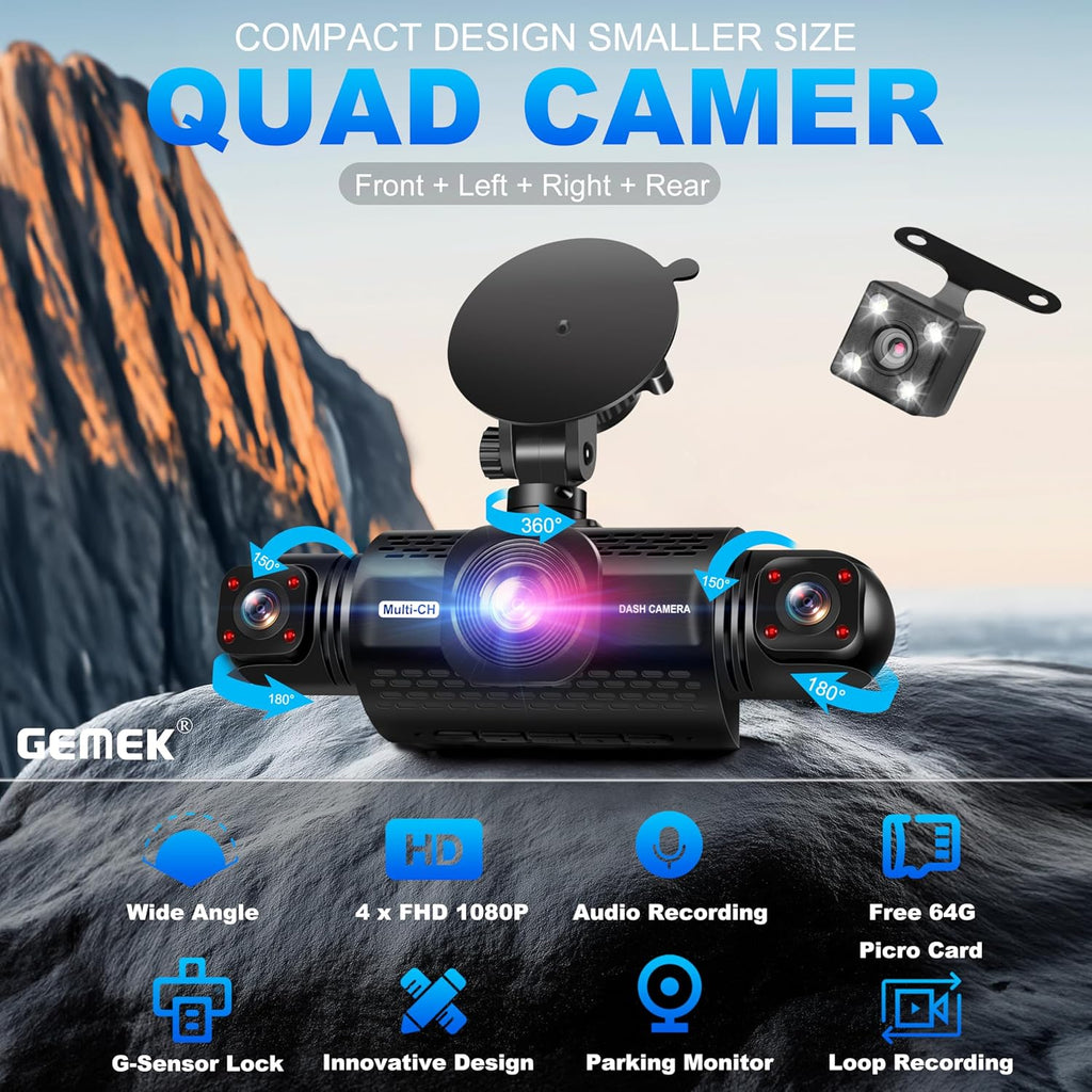 4 Channel Dash Cam 360° View 5G Wifi & APP Control, GEMEK 2K Front and Rear Inside, Left Right Dash Camera for Cars Free 64GB TF Card, G-Sensor, Night Vision, 24H Parking Mode Keyboard Wrist Rest Pad