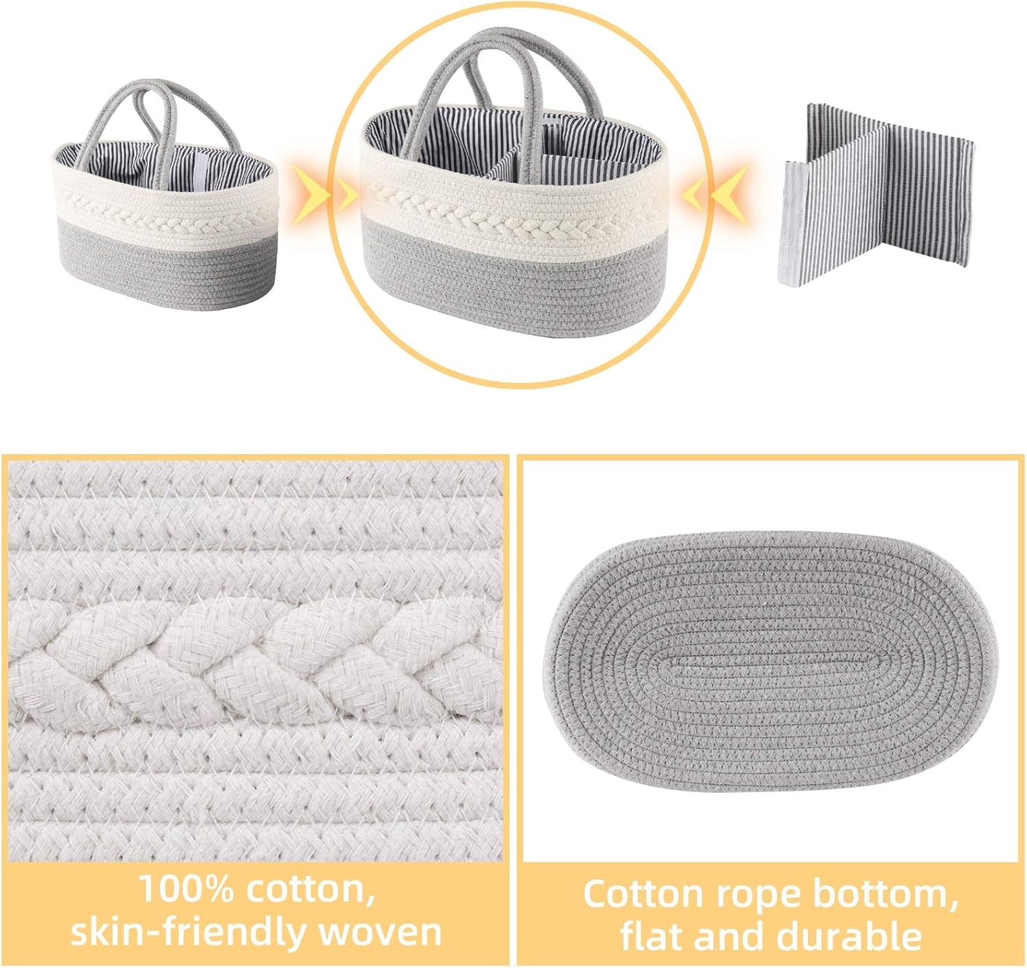 Baby Diaper Caddy Organizer, Portable Diaper Caddy Basket for Baby Boys and Girls, Cotton Rope Diaper Basket Organizer - Baby Basket with Compartments (Grey)