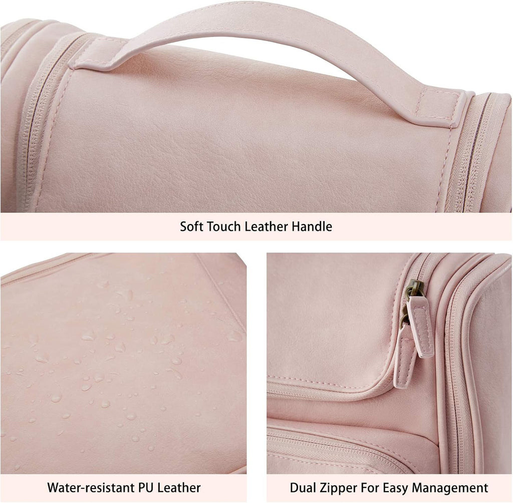 BAGSMART Hanging Toiletry Bag, Water-Resistant Leather Dopp Kit, Large Travel Organizer for Full Sized Container, Nude Pink