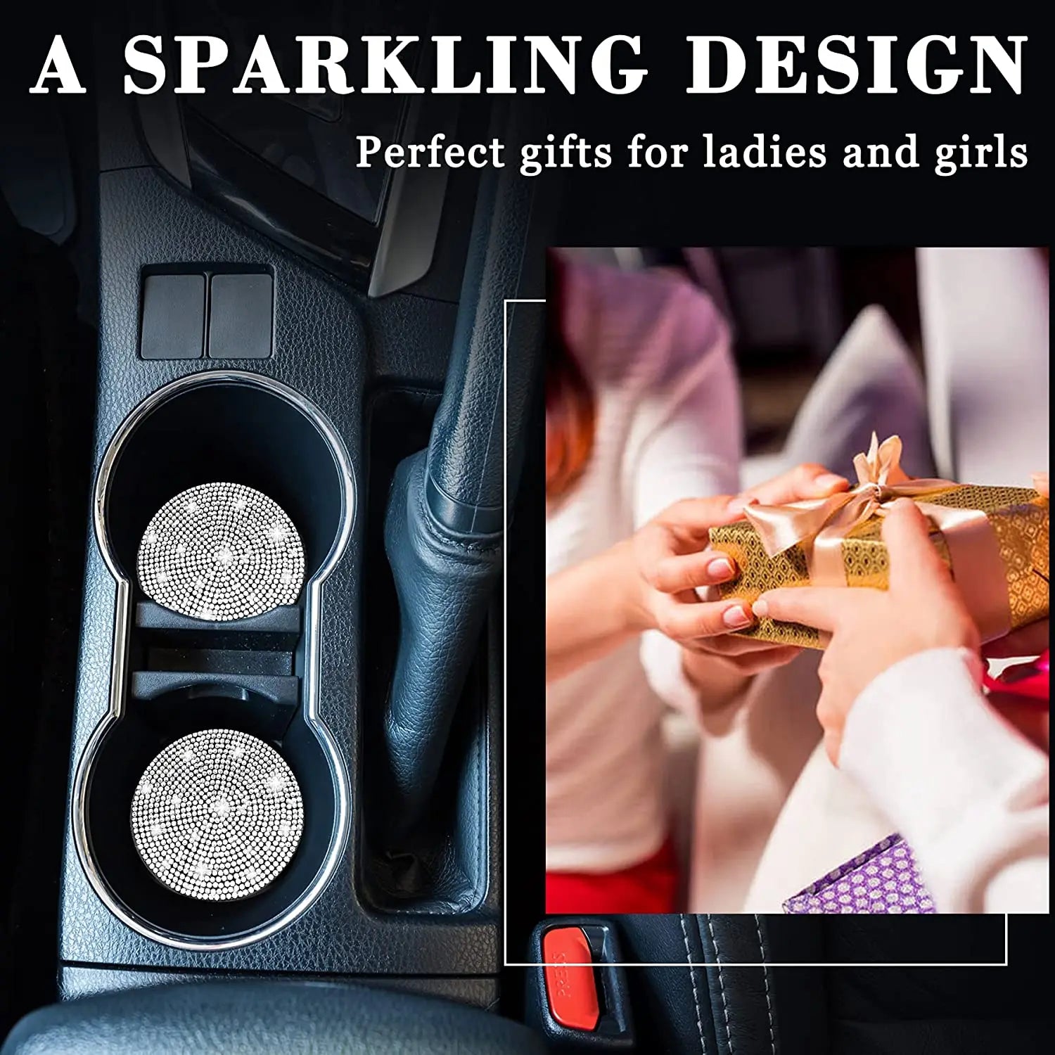 Set of 2 Rhinestone-Embellished Car Cup Holder Coasters for Women - Universal Anti-Slip Automotive Interior Accessories