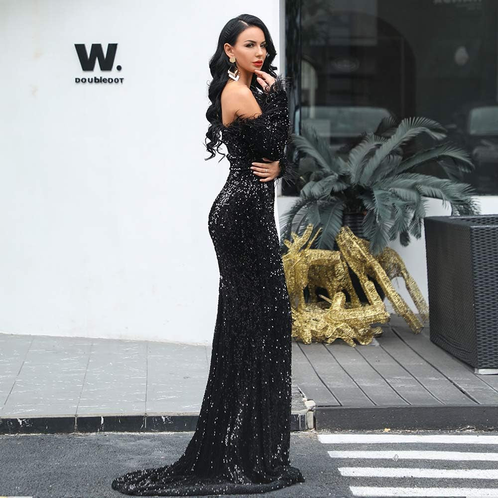 Miss Ord Sexy off Shoulder Feather Longsleeve Sequin Floor Length Evening Party Maxi Reflective Dress Vestidos