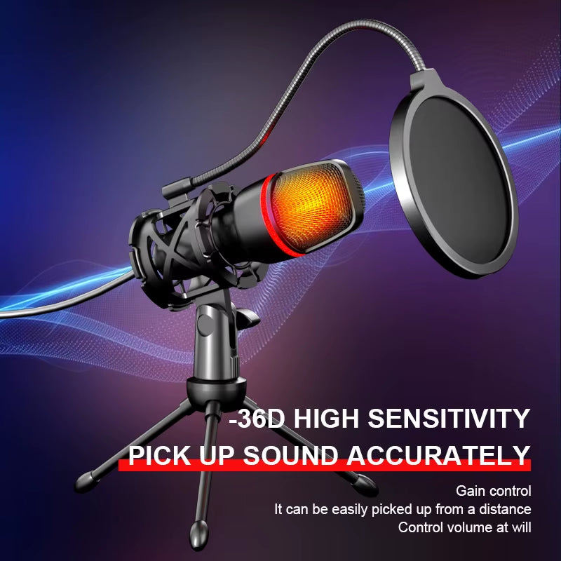 Professional USB Condenser Microphone for PC and Laptop - Gaming and Live Streaming Accessory Kit with RGB Lighting for Podcasting and Gaming