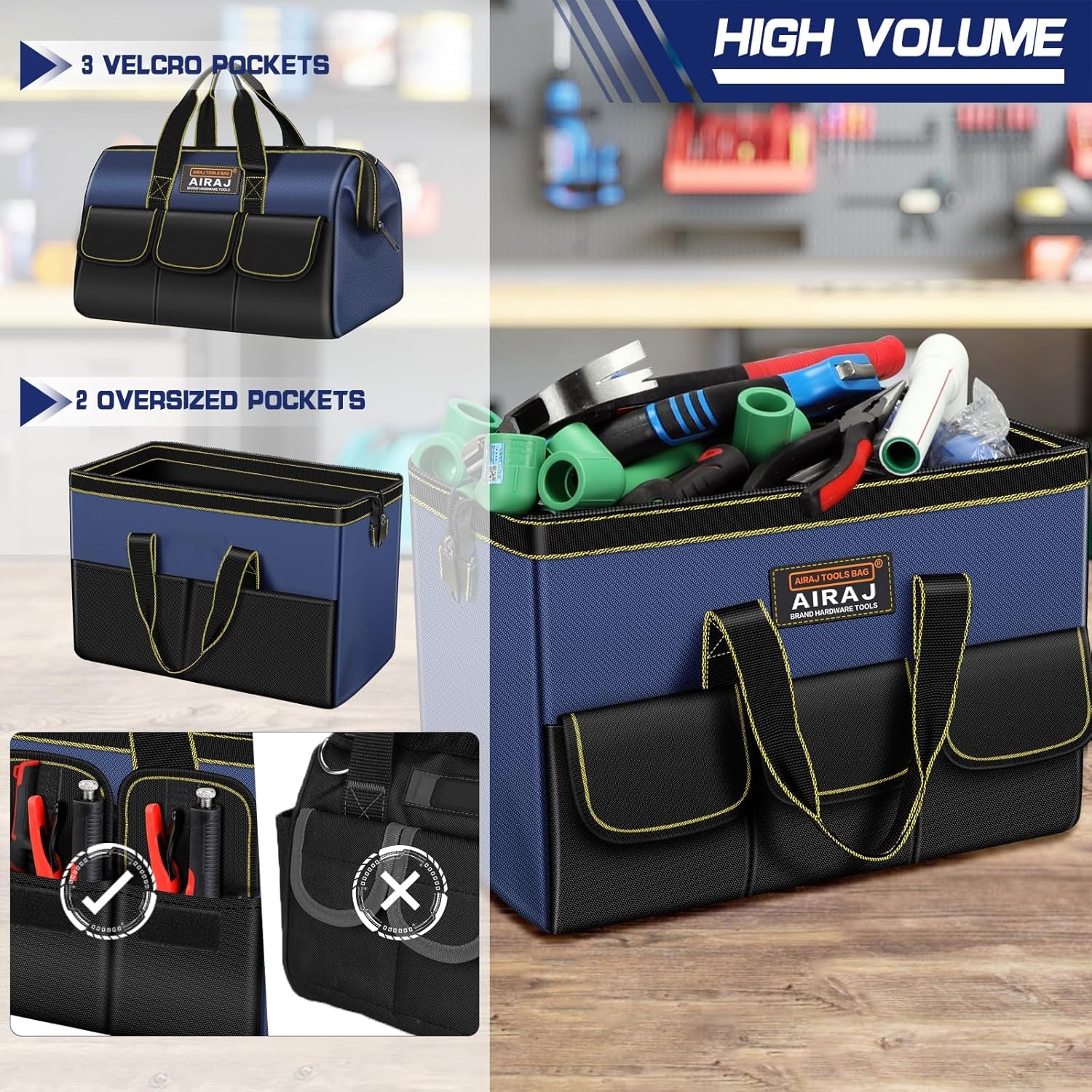 AIRAJ 14-Inch Wide Mouth Tool Bag - Ultimate Organizer for Home Repairs, Garage Storage & Professional Work - Portable Small Toolbag for Men