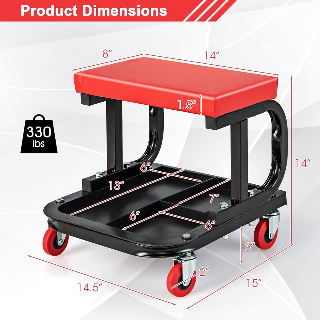 Goplus Mechanic Stool with Wheels, 22.5”-27.5” Adjustable Rolling Garage Stool with Padded Seat, 330LBS Capacity, Tool Tray, Heavy Duty Creeper Seat, 360° Swivel Shop Chair for Workshop