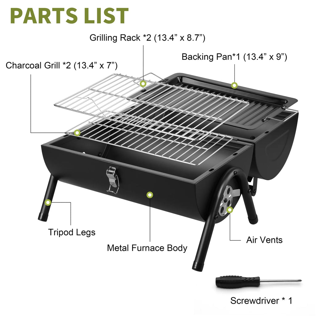 Portable Charcoal Grill, Small Tabletop Barbecue Grill with Tray, Grilling Rack, and Charcoal Rack, Suitable for Outdoor Camping Picnic Backyard Beach - Black