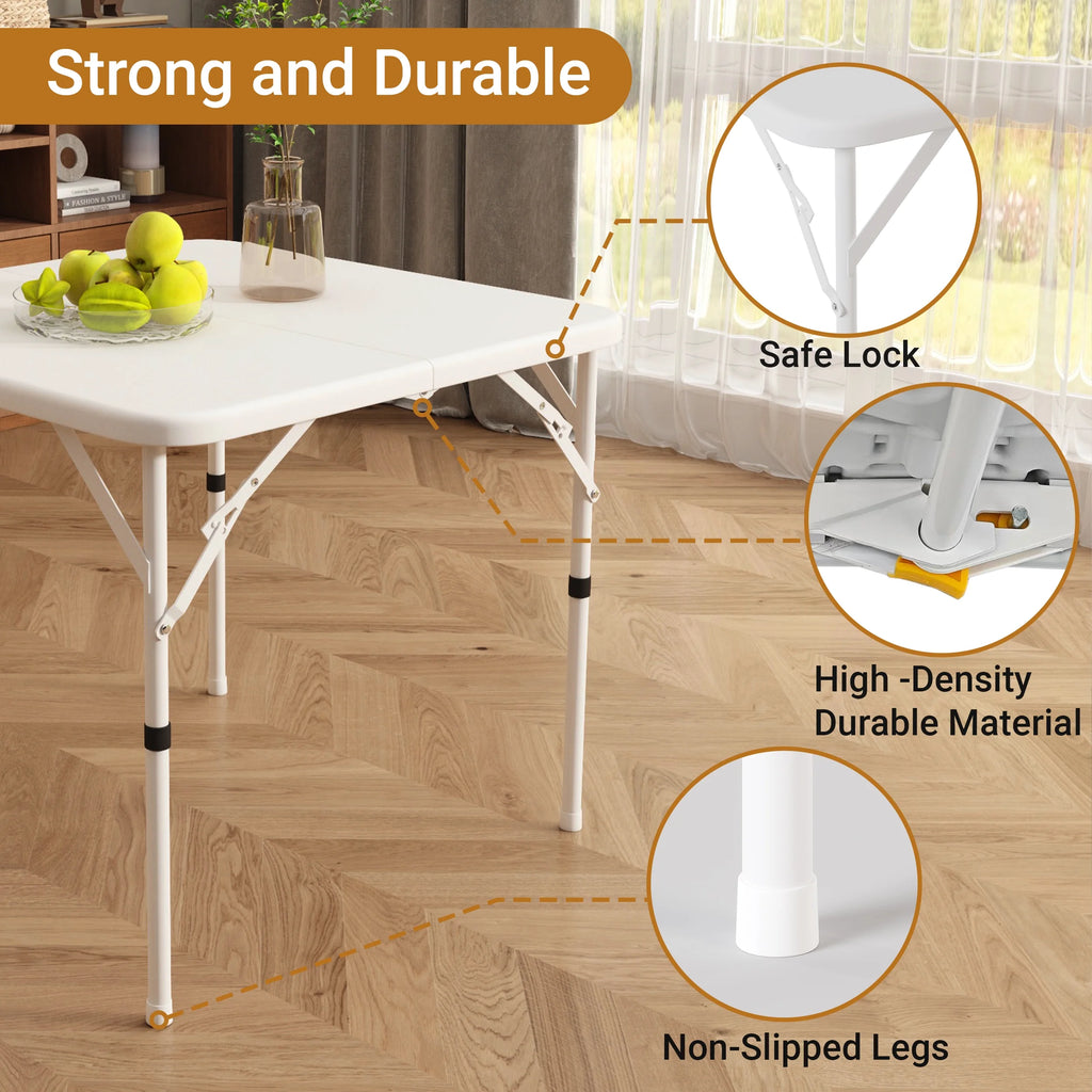 34" Square Folding Table,Fold-In-Half Plastic Card Table,Picnic Party Event Dining Camp Table for Indoor Outdoor,White