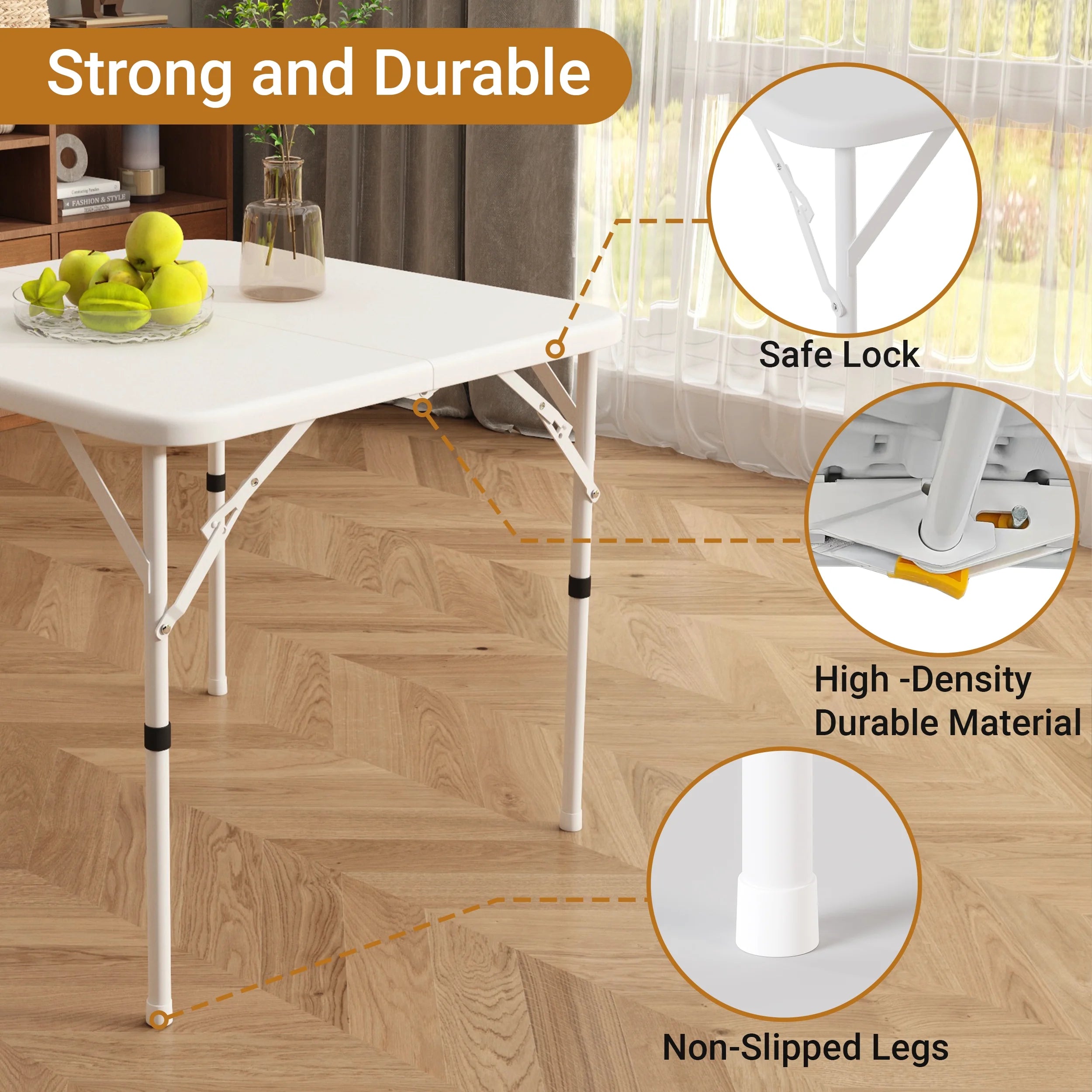 34" Square Folding Table,Fold-In-Half Plastic Card Table,Picnic Party Event Dining Camp Table for Indoor Outdoor,White