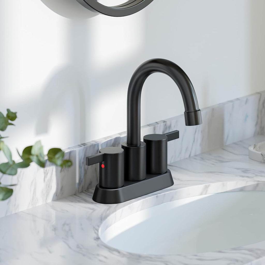 Modern Matte Black 4-Inch Bathroom Faucet with 360° Swivel Spout, Pop-Up Drain & Water Supply Lines - Phiestina Bf015-1-Mb