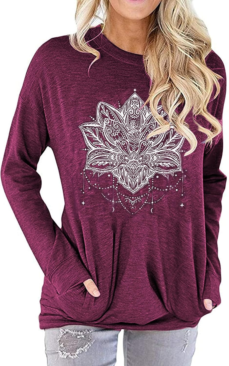 Hount Womens Casual Loose Fit Shirts Long Sleeve Comfy T-Shirts Pullover Sweatshirts with Pockets